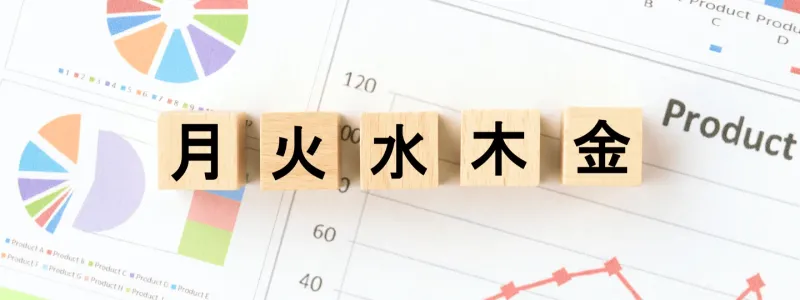 「月・火・水・木・金」と書かれた木のオブジェと表